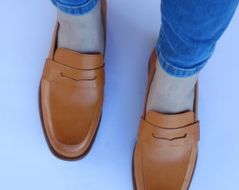 Handmade Brown Leather Loafers, Women's Slip-On Flats