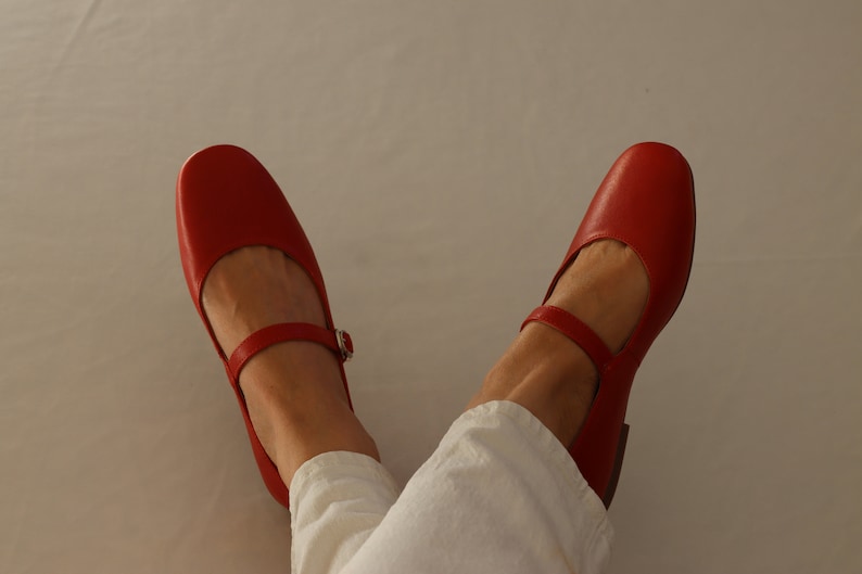 Red Maryjane Handmade Real Leather Shoes I Woman Red Ballerinas I Slipon Red Ballerinas I Red