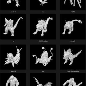 Può includere: Una collezione di 18 modelli stampati in 3D di vari mostri, tra cui Godzilla, King Ghidorah e M.U.T.O. I modelli sono tutti bianchi e sono visualizzati su uno sfondo nero.