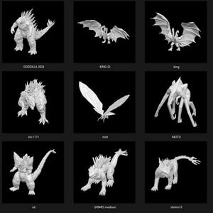 May include: A grid of nine images showing different 3D printed models of monsters, including Godzilla, King Ghidorah, Mothra, and M.U.T.O. Each image has the name of the monster printed below it.