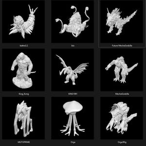 May include: A collection of nine 3D printed monster figures, including King Kong, Godzilla, and other creatures. The figures are all white and are displayed on a black background.