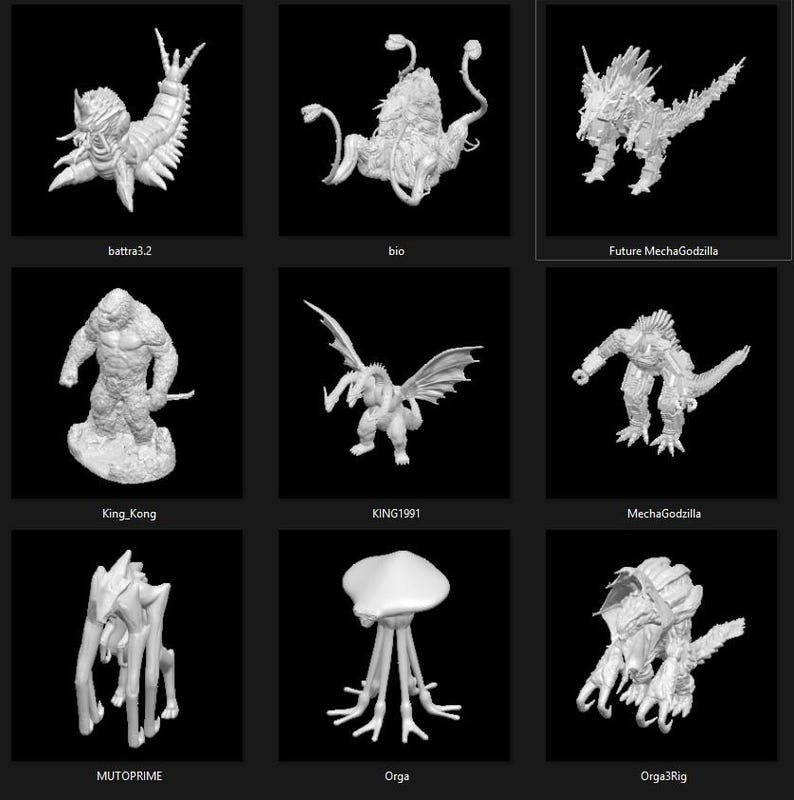 May include: A collection of nine 3D printed monster figures, including King Kong, Godzilla, and other creatures. The figures are all white and are displayed on a black background.