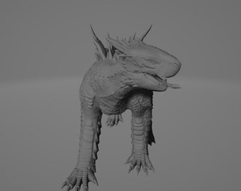 Puede incluir: Un modelo 3D gris detallado de una criatura similar a un dragón con garras afiladas, espinas y una boca abierta de par en par.