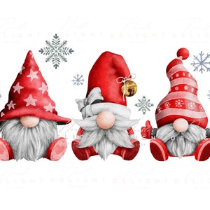 May include: Three gnomes wearing red and white hats with white beards and red shoes. The gnomes are sitting on a white background with snowflakes.