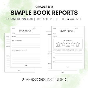 Può includere: Due modelli di relazioni sui libri stampabili per le classi K-2. Le pagine sono bianche con testo nero, inclusi suggerimenti per titolo, autore e dettagli della storia. Una versione include un sistema di valutazione a stelle. Il testo recita "SIMPLE BOOK REPORTS".