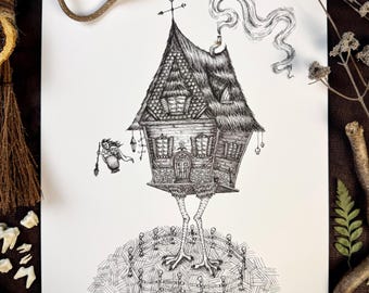 Baba Yaga | Fine Art Print | Dark Art | Folklore | Crone | Pen and Ink Illustration | Witch Art