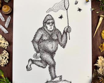 Bigfoots Butterflies | Fine Art Print | Bigfoot Gifts | Cryptid Art | Mythical Creature Original Artwork