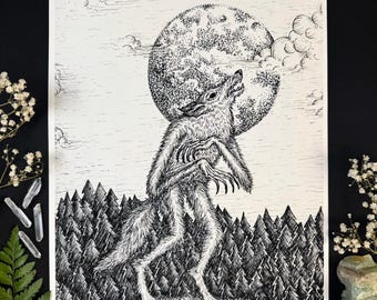 Werewolf | Pen and Ink Fine Art Print | Gothic Wall Decor |  Mythical Creature Original Artwork | Fantasy Art