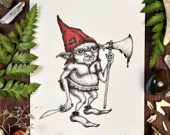 Redcap | Goblin | Dark Fantasy Art Prints | Whimsigoth Decor | Folklore Art | Mixed Media Art | Dark Folk Art | Woodland Creatures