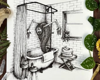 Drain Monster Fine Art Print |  Pen and Ink Horror Phobia Illustration |