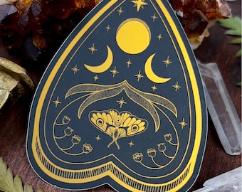 Ouija Planchette | Matte Gold Vinyl Mirror Sticker | Gothic Art | Waterproof Moth Sticker | Witchy Gifts