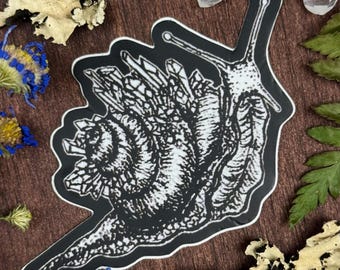 Crystal Snail Vinyl Sticker | Black and White Whimsical Nature Art | Witchy Gifts