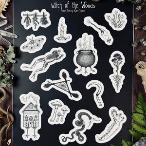 May include: A black sticker sheet with various witchy illustrations. Designs include a cauldron, moth, frog, crystals, and a house. The text "Witch of the Woods" is at the top. The stickers are outlined in black and white.