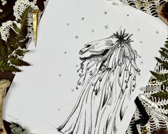 Mari Lwyd | Creepy Christmas | Original Ink Illustration Fine Art Print | Winter Solstice Art | Yule