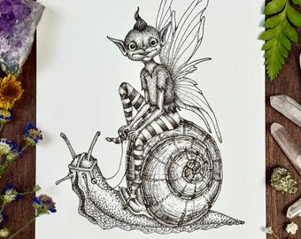 Piskie Ride | Fae and Folklore | Fine Art Prints | Pixie Drawing | Cottagecore Decor | Faerie Art | Mythology