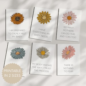 60 tarjetas de afirmación de nacimiento imprimibles con flores de colores, baraja de cartas de hipnoparto para un parto y nacimiento positivos