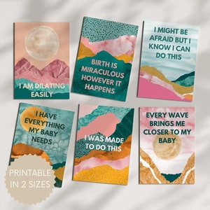 24 cartes d'affirmation de naissance imprimables avec des paysages colorés, un jeu de cartes hypnobirthing pour un travail et un accouchement positifs