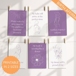 27 carte di affermazione della nascita stampabili con disegno di gravidanza / Mazzo di carte ipnotiche viola per un travaglio e un parto positivi