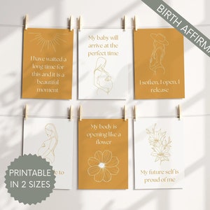 Cartes d'affirmation de naissance dorées imprimables avec dessin au trait de grossesse, jeu de cartes hypnobirthing pour un travail et un accouchement positifs