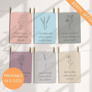 60 tarjetas de afirmación de nacimiento imprimibles con arte lineal de flores, baraja de cartas de hipnoparto para un parto y nacimiento positivos