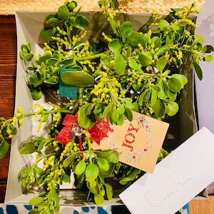 May include: A box of fresh mistletoe with green leaves and yellow flowers. A red glitter bow and a tag with the word "Joy" are attached. A handwritten card is also included.