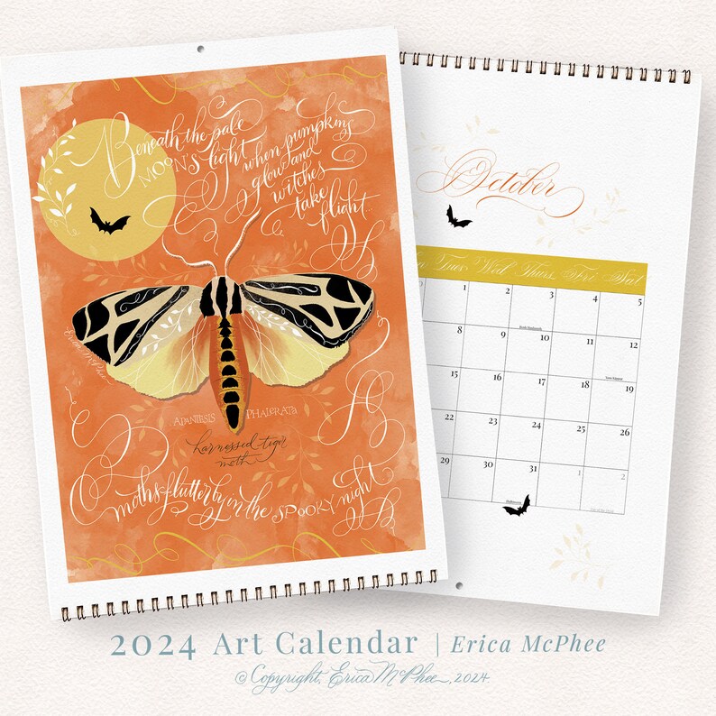 Moth Wings & Floral Things 2024 Art Calendar 2024 Moth Calendar 2024 Calligraphy Calendar Etsy