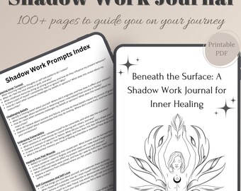Pode incluir: Uma capa de diário PDF imprimível com uma ilustração em preto e branco de uma pessoa meditando com as mãos levantadas acima da cabeça. O texto "Beneath the Surface: A Shadow Work Journal for Inner Healing" é exibido em preto sobre um fundo branco.