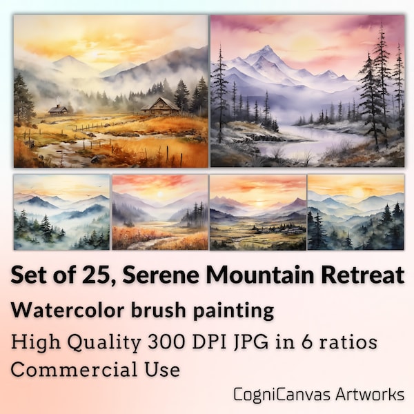 Serene Mountain Retreat, Sunrise over the Valley, Set of 25, Watercolor, Scenery, Landscape, digital art, printable wall art, commercial use