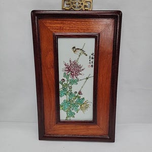Azulejo de porcelana chino antiguo pintado a mano, enmarcado, 6"×10".