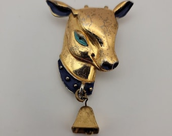 Vintage 1940's Monet Elsie The Cow Fur Clip Gold Tone W/ Blue Enamel