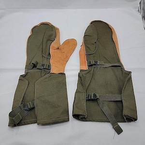 Vtg Military Trigger Finger Mittens Army Green Leather/Canvas Large?