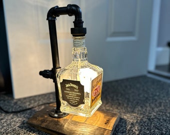 Jack Daniel’s Single Barrel empty bottle lamp with Barrel Stave Base