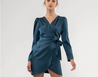 SOLID SATIN SURPLICE wrap mini dress