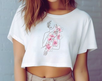 Floral Line Art Printed Crop Top, Botanical Graphic Tee for Women, Minimalistic