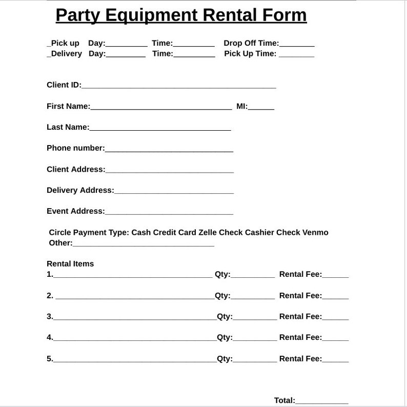 Party Equipment Rental Form - Etsy