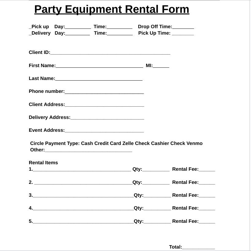 Party Equipment Rental Form Etsy