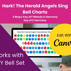 以下が含まれることがあります： 「Hark! The Herald Angels Sing」のテキストが入った、カラフルなベルチャートが映し出されたコンピュータ画面。ベルセット用に設計されており、楽譜が含まれています。「Edit With Canva」と書かれた黄色の円が右側にあります。