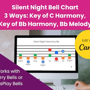 May include: A computer screen displaying a music chart for the song "Silent Night" in three different keys: Key of C Harmony, Key of Bb Harmony, and Bb Melody. The chart is labeled "Silent Night Harmony Bb" and shows the notes for each chord. The text "Edit With Canva" is displayed in a yellow circle in the upper right corner of the screen.