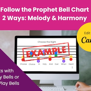 May include: A computer screen displaying a bell chart with the words "Follow the Prophet Bell Chart 2 Ways: Melody & Harmony" and "Choose the Right EXAMPLE" in red. The chart has a musical staff with notes and words like "Choose", "Choice", "In", "Holy", "And", "Ever", "When", and "Heart". The screen is on a desk with a hand hovering over a mouse. The text "Edit With Canva" is on a yellow circle in the upper right corner.