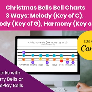 以下が含まれることがあります： コンピューターの画面に、G 長調の印刷可能なクリスマスベルのベルチャートが表示されています。チャートには、「クリスマスリング」、「ヒア」、「セイ」、「ジーザス」、「ボーン」、「ベツレヘム」という単語が音符の下に印刷された、「クリスマスベル」の曲の音が示されています。画面の右上隅には、黄色の円の中に「Edit With Canva」というテキストが表示されています。コンピューターの画面の下には、「Works with Merry Bells or KidsPlay Bells」というテキストが表示されています。