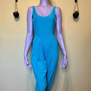 Vintage jaren 70 80's badstof romper - blauw turkoois jumpsuit, Avon Fashions loungekleding, strandkleed, retro casual boxpakje, klein