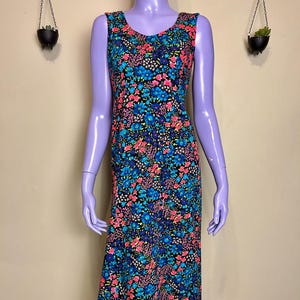 Vintage 60s 70s Floral Maxi Dress - Sleeveless Boho Dress, Cottagecore Garden Dress, Bright Hippie Festival Dress, Retro Summer Dress, Small