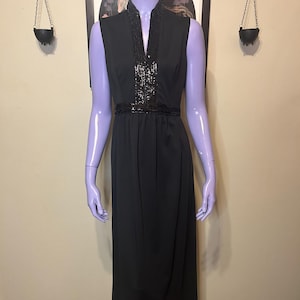 Vintage 70s Black High Neck V neck Maxi Dress with Sequins