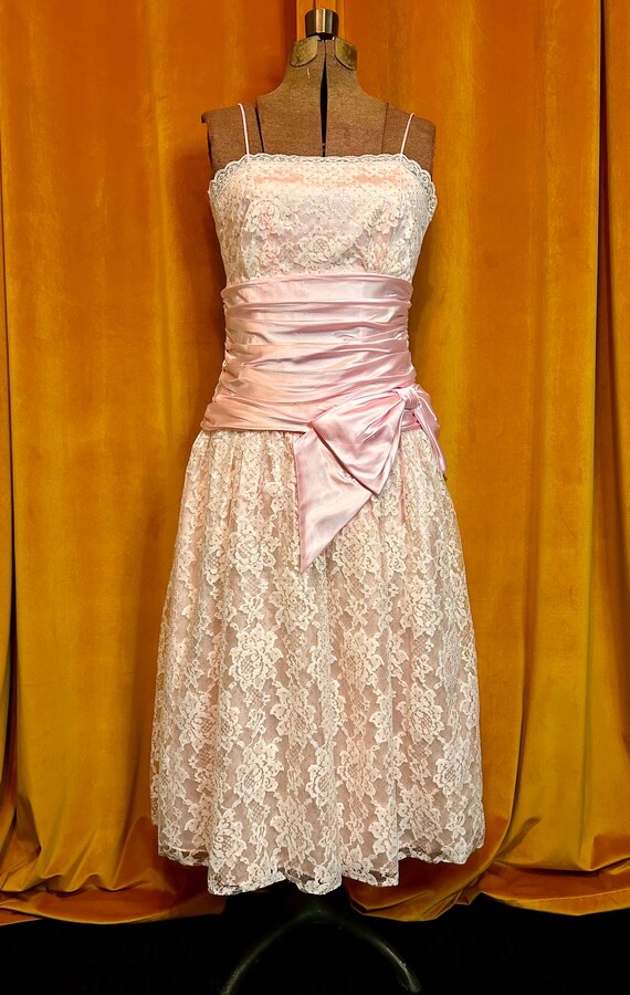 Vintage 80s Pastel Pink Prom Dress - Pink Satin an