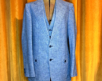 Vintage 70s Detailed Blue Matching Vest and Blazer Set by Scothurst for Joe Sugars Disco Jacket