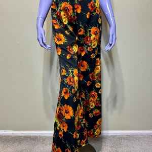 Vintage 70s Black Wide Leg Pants Bright Orange Yellow Floral Print | High Waist Boho Lounge Pants | Small Medium