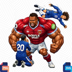 May include: An illustration of a muscular soccer player in a red jersey with the text "Dell" and "Boyle Sport". Two other players in blue jerseys are also depicted. The image has a cartoon style.