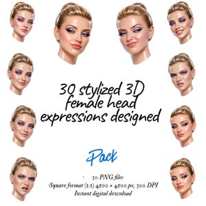 Könnte beinhalten: Ein digitaler Download-Pack mit 30 stilisierten 3D-Gesichtsausdrücken von Frauen. Die Bilder sind im PNG-Format, quadratisch (4500 x 4500 px) und für den sofortigen Download bestimmt. Die Gesichter zeigen verschiedene Emotionen.