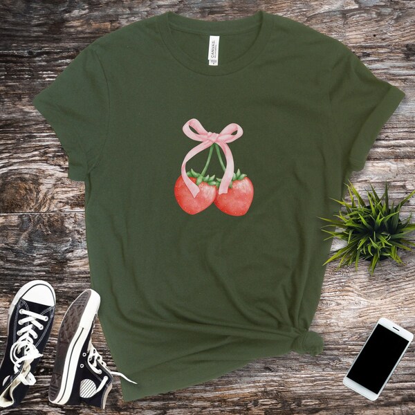 Strawberry Shirt, Coquette Top, Cottagecore Aesthetic Clothing, Botanical Shirt, Soft Girl Aesthetic, Strawberry Girl Gift, Garden Shirt