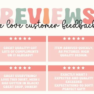 Może przedstawiać: Grafika z napisem &bdquo;REVIEWS&rdquo; w pastelowych kolorach, z frazą &bdquo;we love customer feedback!&rdquo; poniżej. Wyświetlane są cztery recenzje klient&oacute;w, każda z oceną pięciu gwiazdek i pozytywnymi komentarzami na temat jakości produktu i obsługi.
